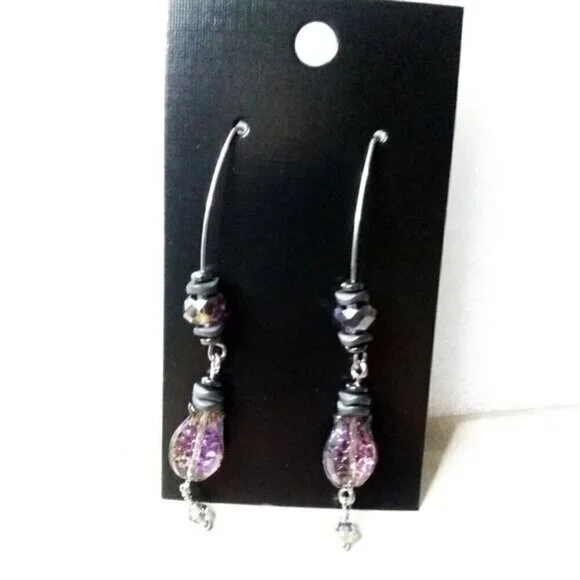 Purple + Black Iridescent Glass Fish Danglers ~ Goth + Beachy! Sea Life Earrings - Picture 6 of 13